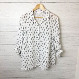 J. Jill Love Linen Floral Button Down Shirt White Black 100% Linen 1X